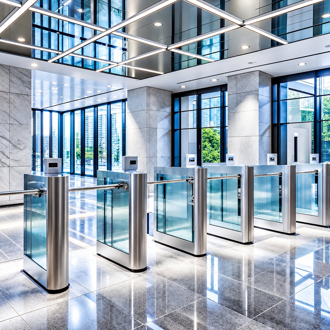 Portiques de contrôle d'accès en inox dans un hall moderne